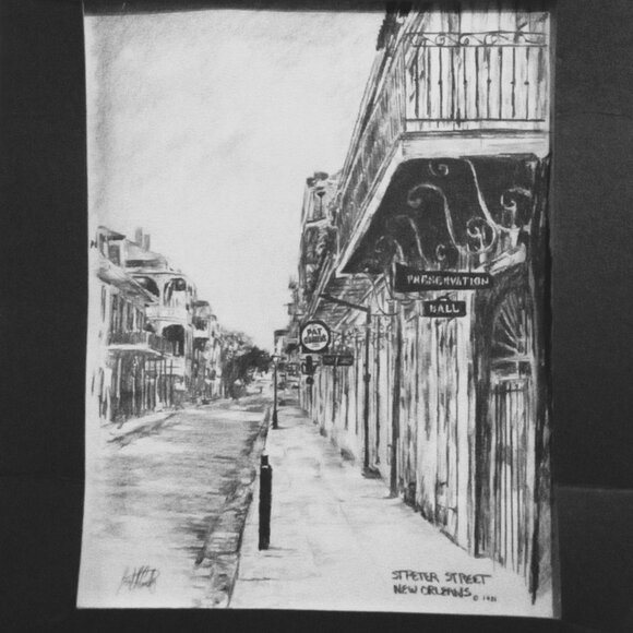 Charcoal sketch of St Peters Street. (French Quarter of New Orleans)